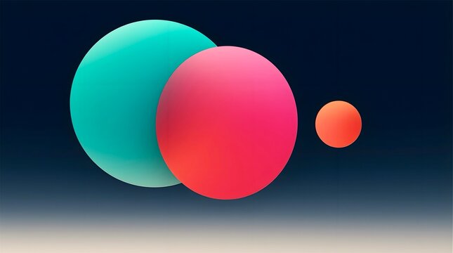 Abstract wallpaper featuring three overlapping spheres against a gradient background transitioning from dark blue to light gray. The largest sphere is turquoise, followed by a smaller pink sphere, and