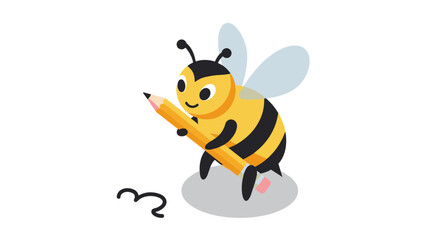 Cute cartoon bee holding pencil on white background
