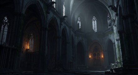 An atmospheric view of a gothic cathedral interior, showcasing its grand architecture, stained glass windows, and the interplay of light and shadow, creating a sense of awe