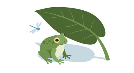 Naklejka premium Colorful frog with dragonfly and leaf in a minimalist nature scene