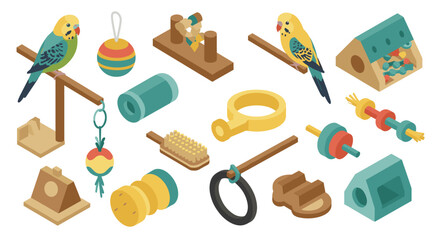 Isometric parrot care items with toys and accessories for home aviary setup