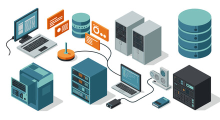 Isometric data center elements: servers, networking, and computing technologies