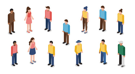 Diverse group of isometric people in casual clothing on white background