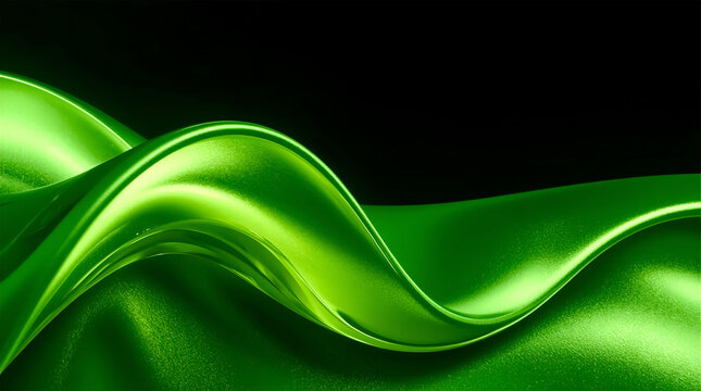 Undulating green waves create a dynamic abstract design, resembling flowing fabric or liquid. The silky texture is accentuated by a shimmering effect, giving the appearance of a glossy, smooth surface