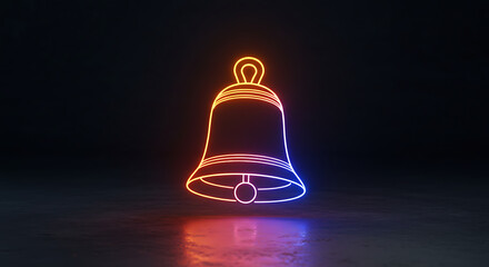 Vibrant Neon Bell Icon with Blue and Orange Glowing Light Outline on Dark Reflective Surface Modern Minimalist 3D Render for Notification Symbol Concept Alert Alarm or Digital Message Signal Backgroun