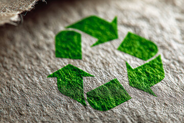 Green recycle symbol, textured background, eco-friendly concept, sustainability, environmental awareness, save planet, responsible choice, natural, earth day, eco packaging, conservation, mindful l