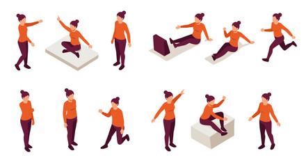 Isometric young woman in various action poses