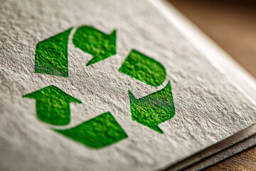 Green recycling symbol on textured paper, eco-friendly, sustainable concept, environmental responsibility, recycle, reusable, conscious living, earth day, save the planet, natural background