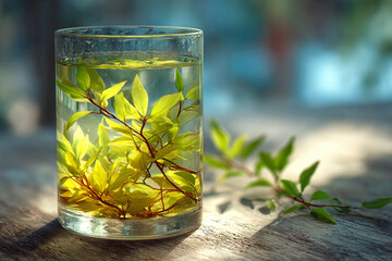 Fresh green leaves in clear water glass, natural light, wooden table, tranquil scene, vibrant nature, purity, peaceful setting, botanical beauty, organic freshness, healthy lifestyle, eco-friendly