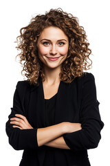 Confident woman in a black blazer with curly hair smi isolated on transparent White background png