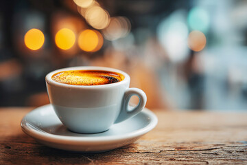 Obraz premium Rich espresso coffee in a white cup on rustic wooden table, with warm bokeh lights background, cozy cafe ambiance, perfect for a relaxing morning or stimulating break, vibrant hot beverage.