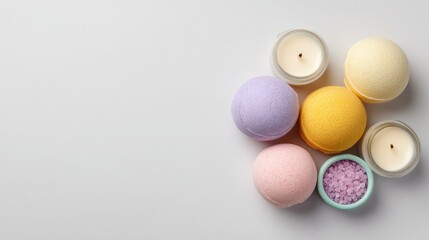 Relaxing Aromatherapy Scene with Colorful Bath Bombs, Natural Candles, and Delicate Bath Salts for Spa and Self-Care Products, Perfect for Wellness Promotion