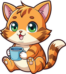 Cartoon Tabby Cat Holding Cup
