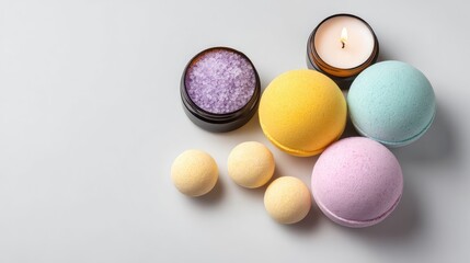 Obraz premium Colorful Bath Bombs and Candle Arrangement for Relaxation and Self-Care, Perfect for Spa Days, Home Pampering, or Gifting to Enhance Well-Being and Tranquility