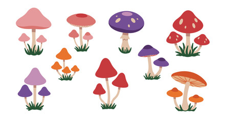 Colorful cartoon mushrooms with various shapes and sizes on white background