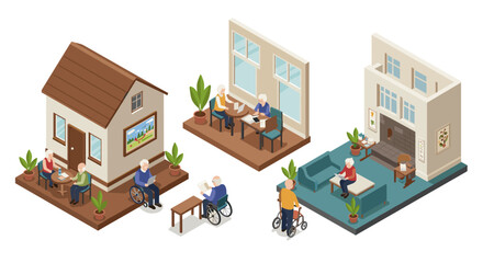 Isometric seniors engaging in activities at home and community spaces