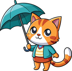 Cartoon Orange Cat Holding Umbrella in Colorful Outfit on White Background