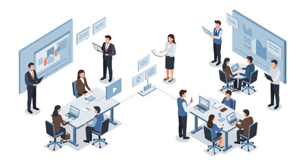 Collaborative office environment with diverse team using technology in isometric style