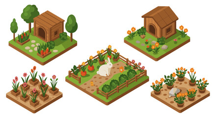 Naklejka premium Isometric garden scenes with cute rabbit and flower beds