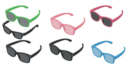 Obraz premium Colorful sunglasses collection: green, pink, black, blue shades in isometric design