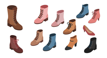 Diverse collection of fashionable women shoes in isometric style