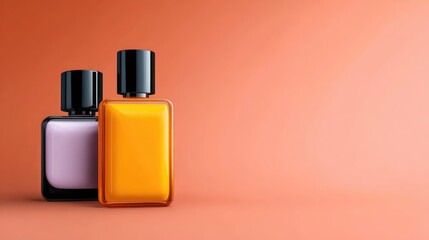 Two modern perfume bottles in vibrant colors, standing elegantly against a soft peach background, showcasing the artistry of fragrance design and beauty trends.