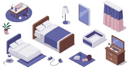 Modern isometric bedroom interior elements with bed, furniture, and decor items