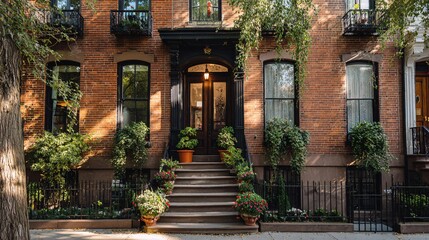Charming brick townhouse exterior with black trim potted flowers urban residential street curb appeal NYC style.