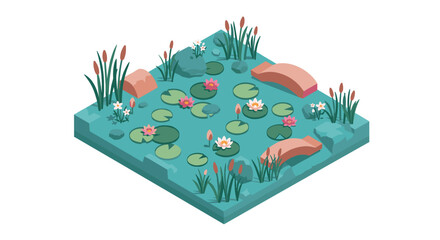 Naklejka premium Isometric tranquil pond scene with lily pads and wooden bridges