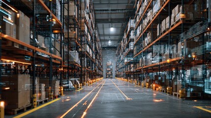 Futuristic smart warehouse with AR augmented reality visualization digital logistics IoT tracking automation.