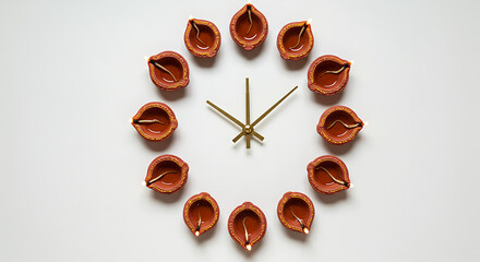 Creative Clock Face Design Using Traditional Indian Clay Diyas as Hour Markers Symbolic Representation of Time for Diwali Festival Celebration Concept of Light Overcoming Darkness Spiritual Timekeepin