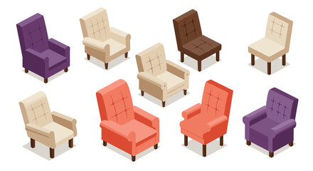 Fototapeta premium Modern isometric chairs collection in various colors and designs