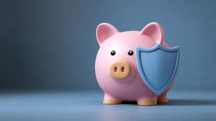 Cute piggy bank with a blue shield symbolizes financial security and savings protection, ideal for concepts related to personal finance and investment safety.