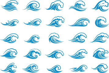 Ocean wave icon set, stylized blue water graphics, sea crest symbols, vector clipart, surfing design, marine art elements