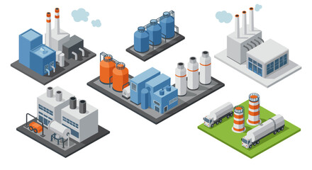 Obraz premium Isometric industrial buildings with detailed factory elements and transportation trucks