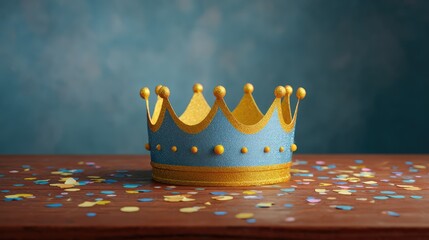 Charming blue and gold paper crown on a wooden surface surrounded by colorful confetti, perfect for festive celebrations, birthday parties, or royalty-themed events.