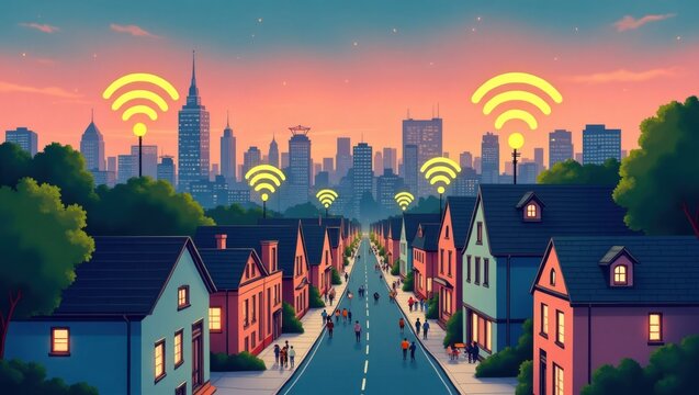El horizonte del barrio al anochecer con m&uacute;ltiples se&ntilde;ales de Wi-Fi brillantes sobre los tejados, que simbolizan la comunidad digital y el progreso tecnol&oacute;gico