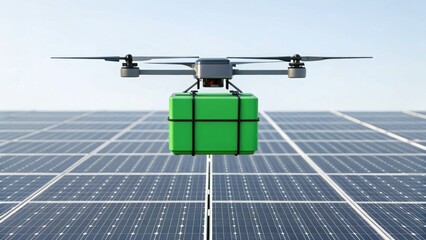 Drone Picking Up Green Package from Solar Panel Field