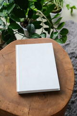 blank book mockup on decorative table with many green plants