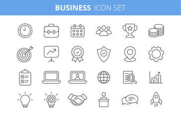 Business icon set. Includes symbols for finance, marketing, management, communication, teamwork, strategy, analytics, growth. For presentations, websites, apps, infographic, corporate materials.