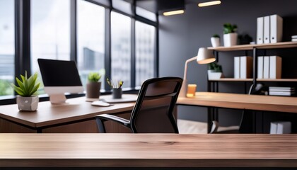 modern office workspace interior design blurred background abstract desk room dark wood gray chair