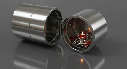 Futuristic High Tech Metal Capsule Housing a Traditional Lit Oil Lamp and Incense Sticks Contrast Between Modern Engineering and Ancient Spiritual Rituals Industrial Sanctuary Concept Minimalist Sacre