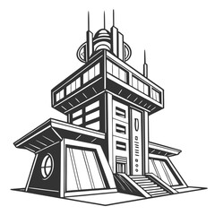 Black and white drawing of a multi-level futuristic building with antennas