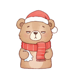 watercolor cute cartoon  bear is sad  at christmas 