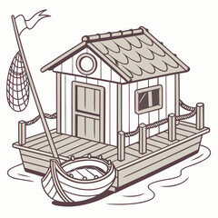 Cartoon Floating Fishing House with Net and Boat water © Mithu