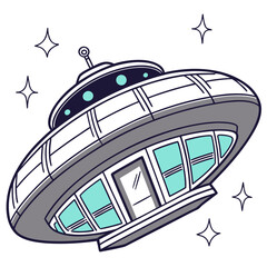 Cartoon flying saucer with teal windows and sparkling stars