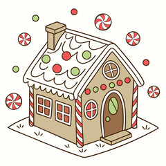 Cartoon Gingerbread House with Peppermint Candies and Frosting