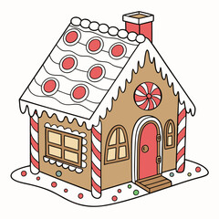 Cartoon Gingerbread House with Red and White Decorations Keywords: gingerbread house, christmas