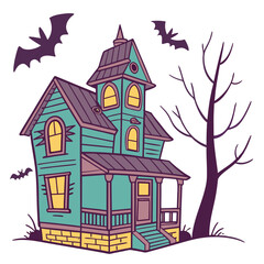 Cartoon Haunted Mansion with Bats and Bare Tree Keywords: haunted mansion, halloween, spooky