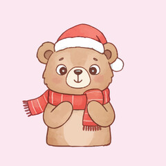 watercolor cute cartoon smile bear at christmas 